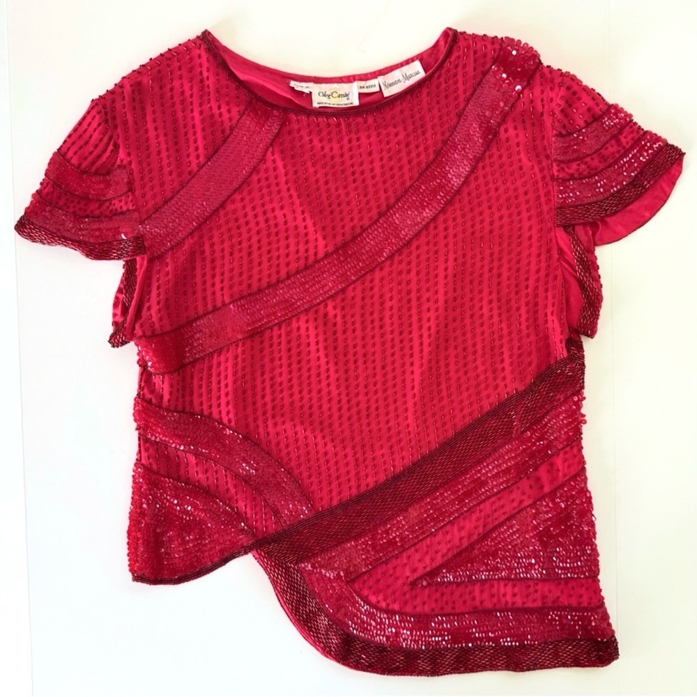 Vintage Oleg Cassini Neiman Marcus Red Silk Beaded & Sequin Short Sleeve Top M